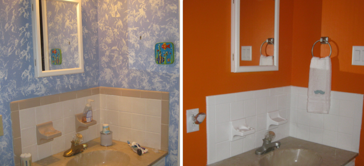 lackieren badezimmer fliesen waschbecken design vorher nachher blau orange