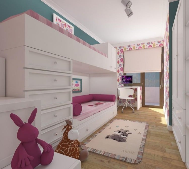 madchenzimmer-moebel-kinderzimmer-sets-holzboden-weiss-hochbett-schubladen-pink