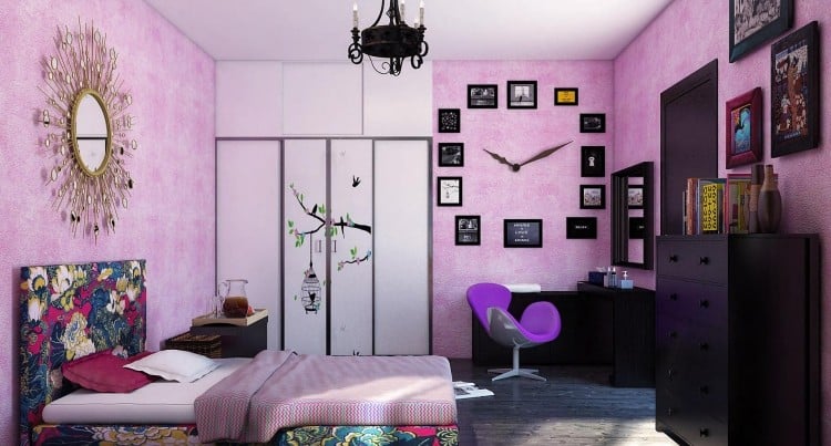 madchenzimmer-moebel-kinderzimmer-sets-rosa-schwarz-bett-gepolstert-bunt-wanduhr-kreativ