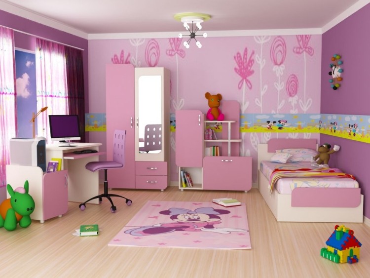 madchenzimmer-moebel-kinderzimmer-sets-rosa-tapete-einzelbett-teppich-regale