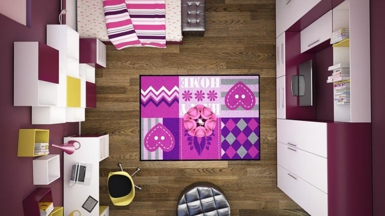 madchenzimmer-moebel-kinderzimmer-sets-violett-rosa-sicht-oben-holzboden-teppich