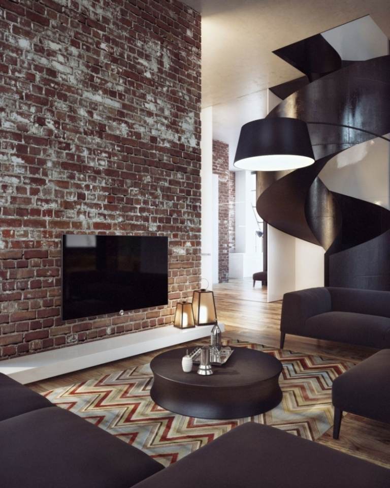moderne klinker wandgestaltung sitzbereich couchtisch schwarz elegant teppich zickzack