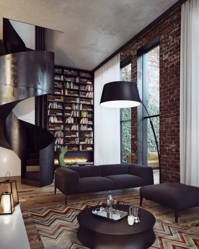 moderne klinker wandgestaltung sofa design stehlampe schwarz wendeltreppe
