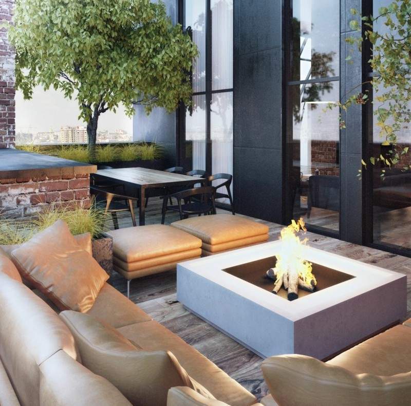 moderne klinker wandgestaltung terrasse couch leder beige feuerstelle