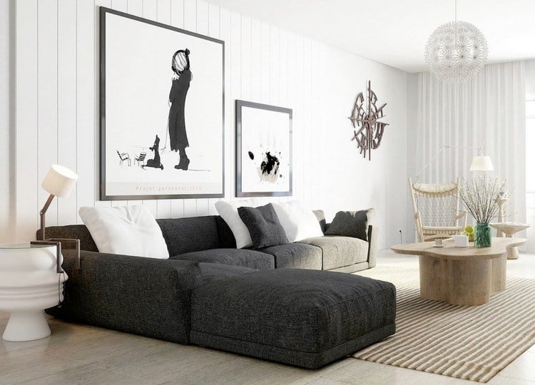 modernes-wohnzimmer-sofa-dunkelgrau-fliesen-holzoptik-holz-couchtisch-wandgestaltung-weiss