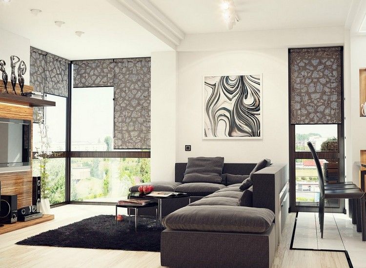 modernes-wohnzimmer-sofa-dunkelgrau-schwarzer-teppich-heller-laminatboden