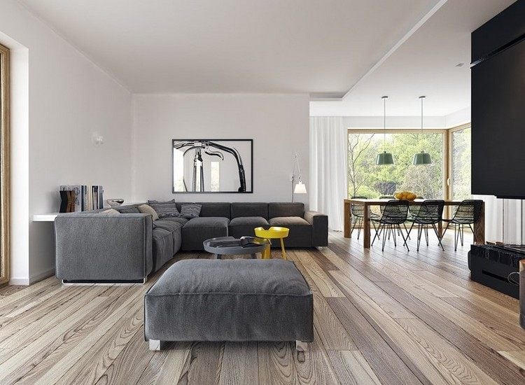 modernes Wohnzimmer sofa-grau-dielenboden-weisse-waende-beistelltische