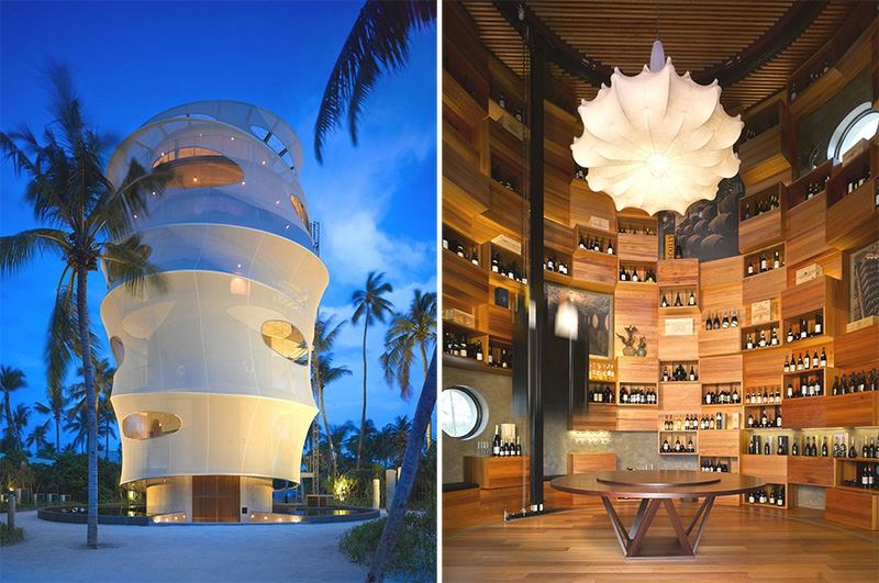 restaurant holz weinregal gross weinkeller palme insel architektur