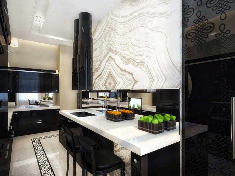 schwarze küche edel design hochglanz weiss marmor