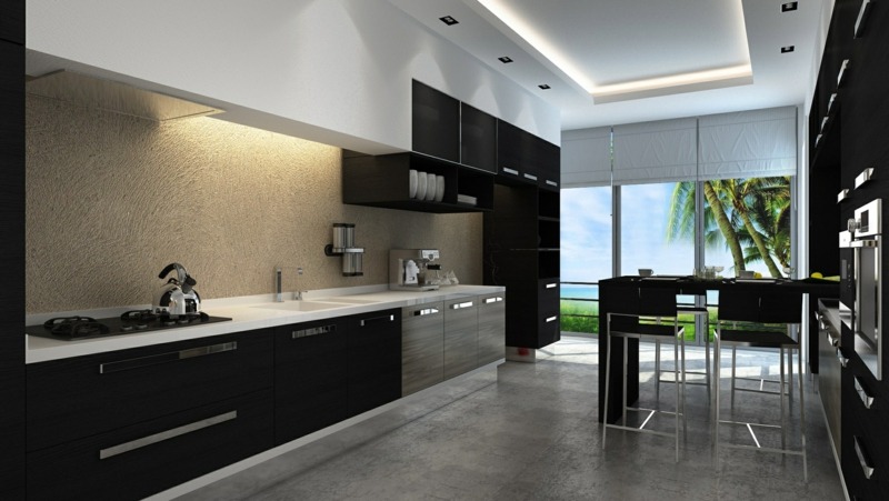 schwarze küche grau fliesen decke design indirekt beleuchtung