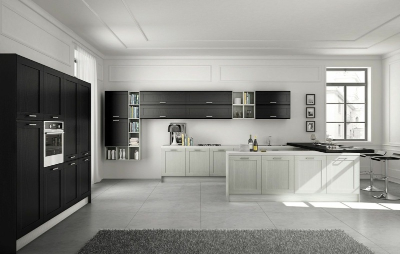 schwarze küche modern landhausstil weiss schraenke teppich hochflor grau