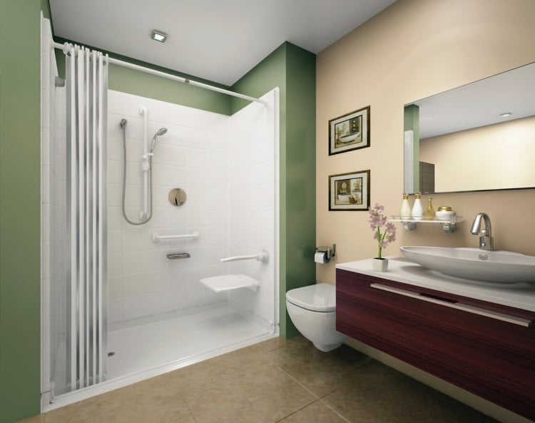 streichen badezimmer farben kombinieren beige gruen grosse dusche waschkonsole modern
