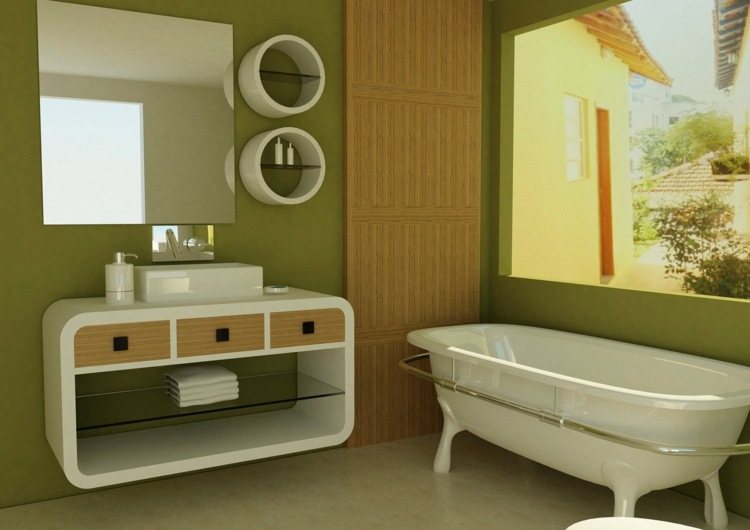 streichen badezimmer modern waschkonsole rund regal badewanne gruen wand design