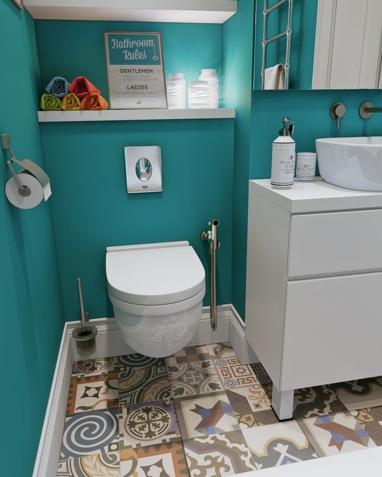 streichen badezimmer patchwork fliesen tuerkis wand gestalten toilette modern schrank