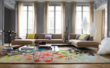 teppiche wohnzimmer beige grundfarbe bunt muster geometrisch modern eckcouch