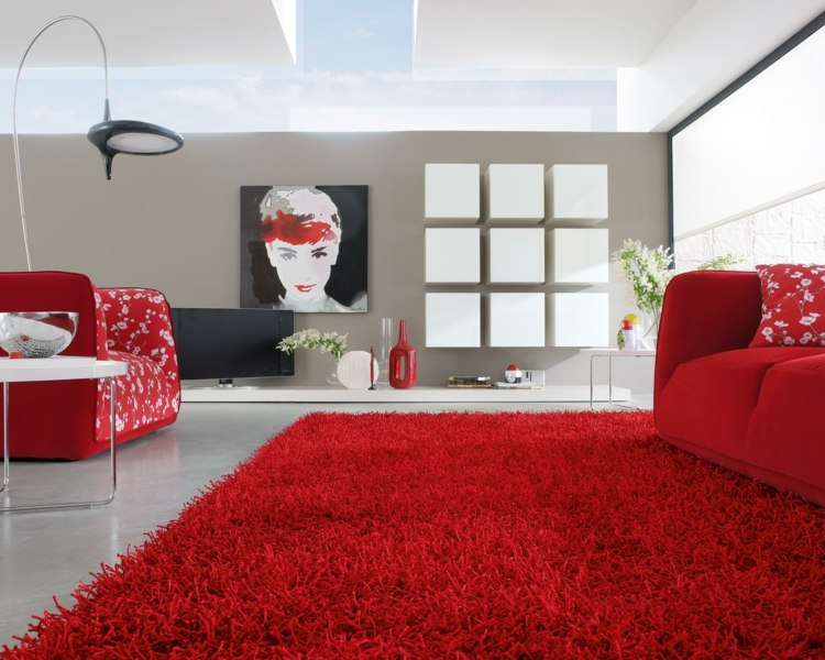 teppiche wohnzimmer hochflor rot idee minimalistisch innendesign
