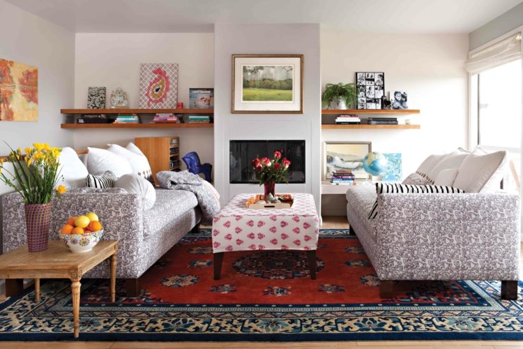 teppiche wohnzimmer klein persisch rot blau muster kamin
