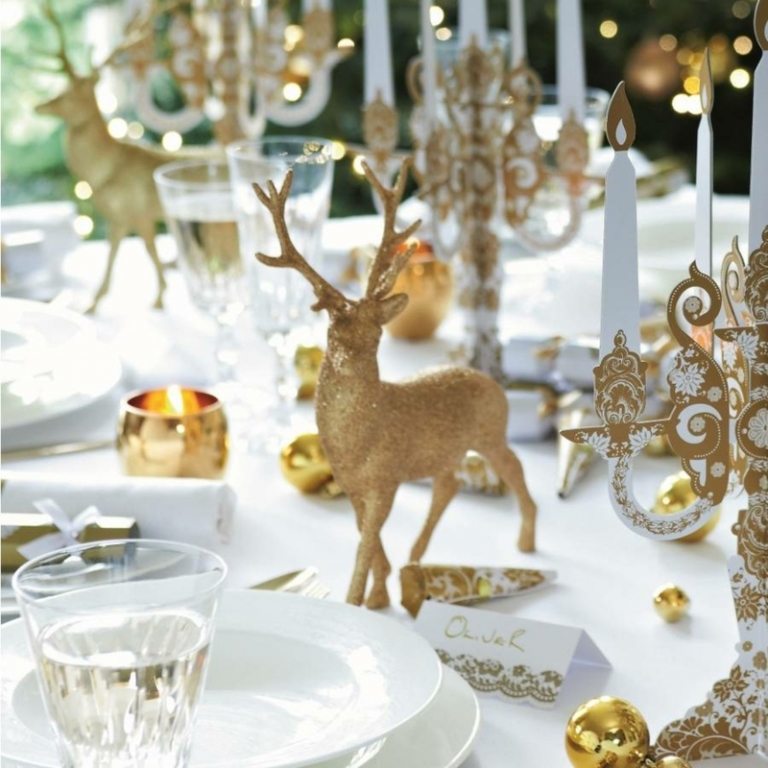 tischdeko weihnachten rentier figur gold kerzenstaender ornamente