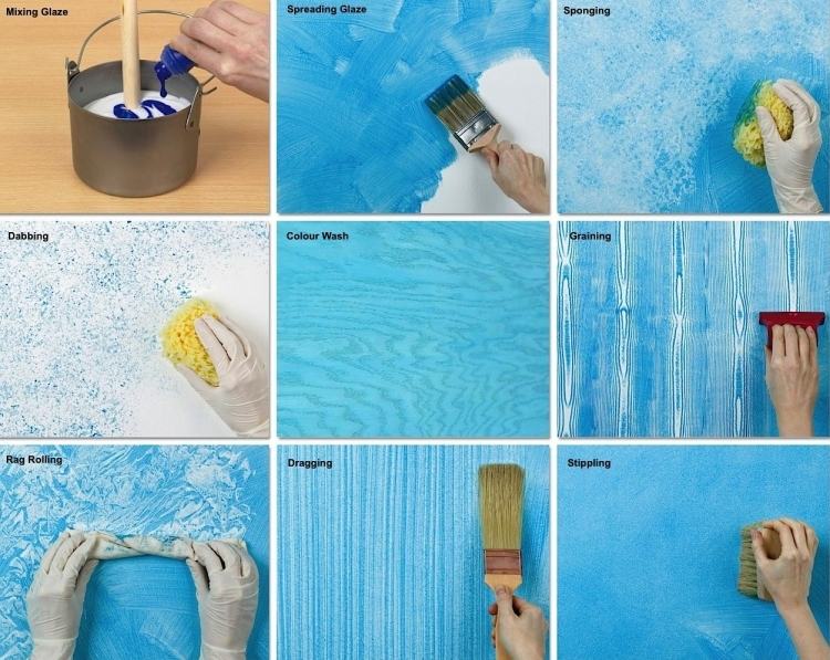 Wand Ideen zum Selbermachen -schlafzimmer-selbermachen-effekte-farbe-pinsel-schwamm-musterwalze-farbroller