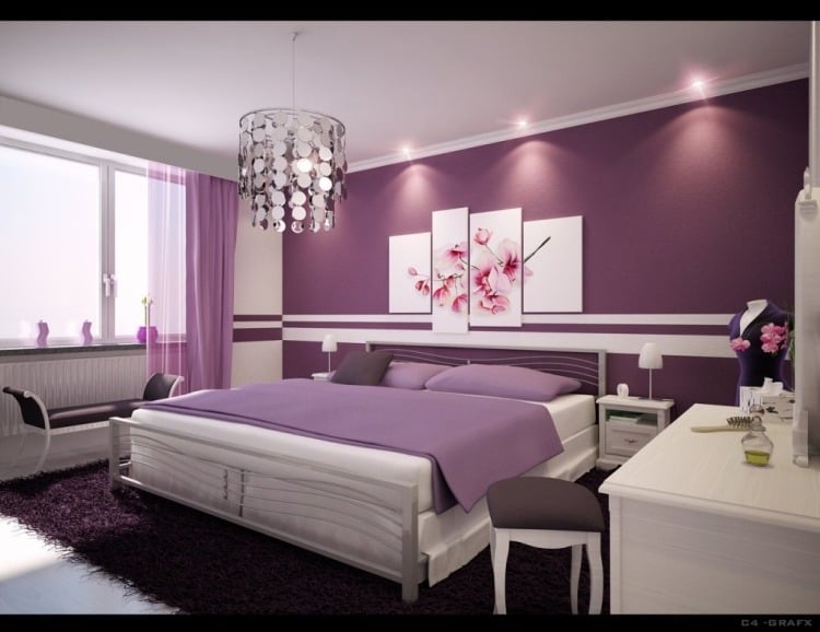 wand-streichen-ideen-schlafzimmer-selbermachen-violett-streifen-zwei-weiss-bett-schminkkommode