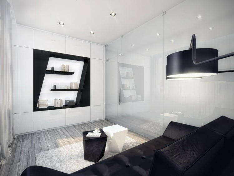 wandgestaltung-im-wohnzimmer-minimalistisch-schwarz-weiss-lampe