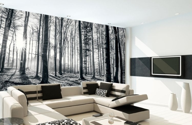 wandgestaltung-schwarz-weiss-fototapete-couch-beige-kissen-fernseher