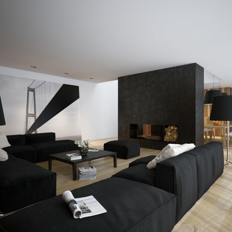 wandgestaltung-schwarz-weiss-wohnzimmer-bruecke-realistisch-modulare-couch-holzboden