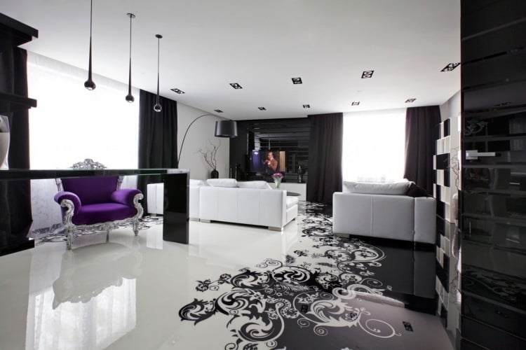 Wandgestaltung in Schwarz und Weiß -wohnzimmer-hochglanz-extravagant-boden-muster-sofas