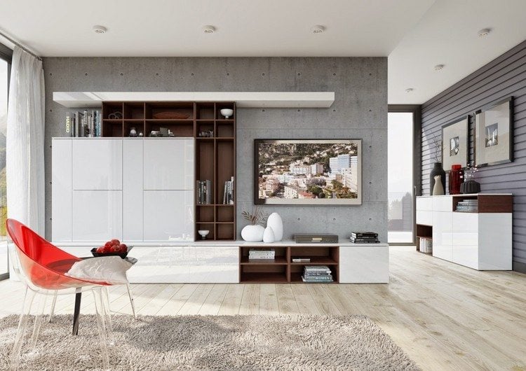 wandgestaltung-wohnzimmer-betonoptik-grau-wohnwand-holz-weiss-hochglanz