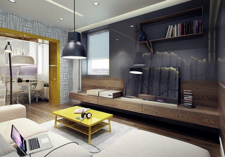 wandgestaltung-wohnzimmer-hochglanz-wandpaneele-grau-holz-sideboard