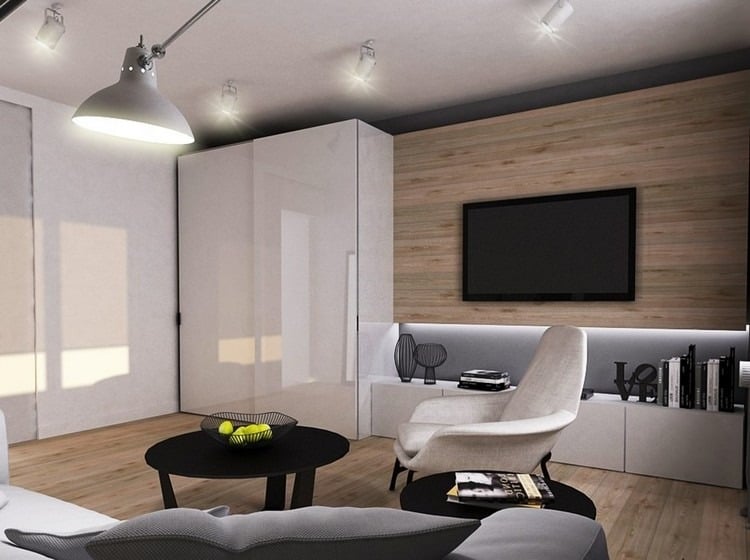 wandgestaltung-wohnzimmer-holz-wandpaneele-led-streifen-graue-wandfarbe-lowboard