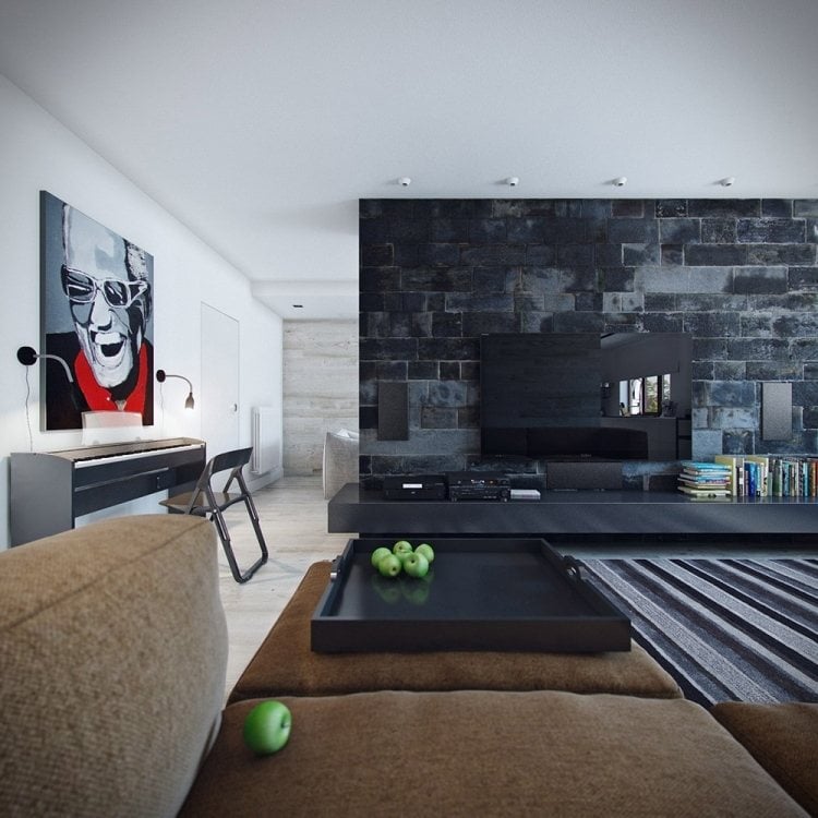wandgestaltung-wohnzimmer-ideen-modern-schwarz-stein-optik-couch-braun