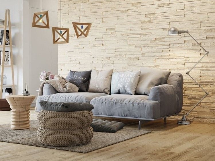 Wandgestaltung im Wohnzimmer steinoptik-beige-stegu-riemchen-graues-sofa