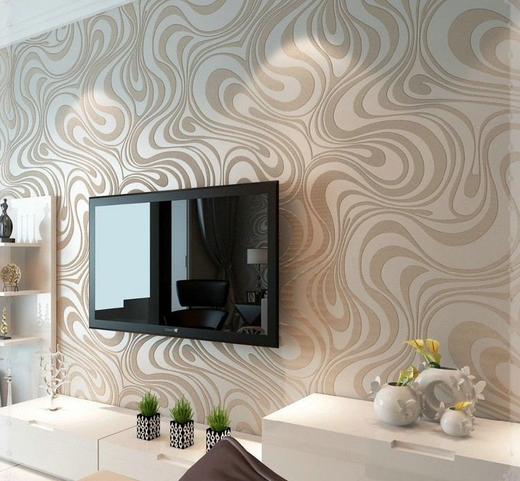 wandgestaltung-wohnzimmer-tapete-textur-cappuccino-wandmonierter-fernseher