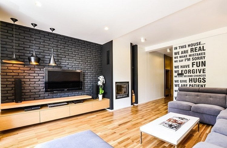 wandgestaltung-wohnzimmer-ziegelwand-optik-schwarz-holz-sideboard