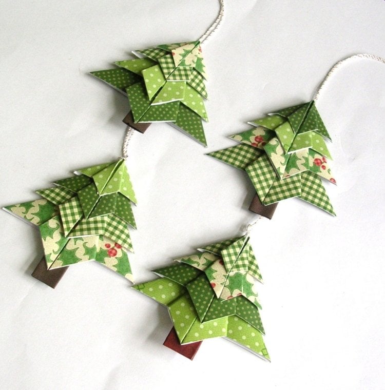 weihnachtsdekoration-ideen-selbermachen-weihnachtsschmuck-origami-tannenbaeume-christbaeume-papier