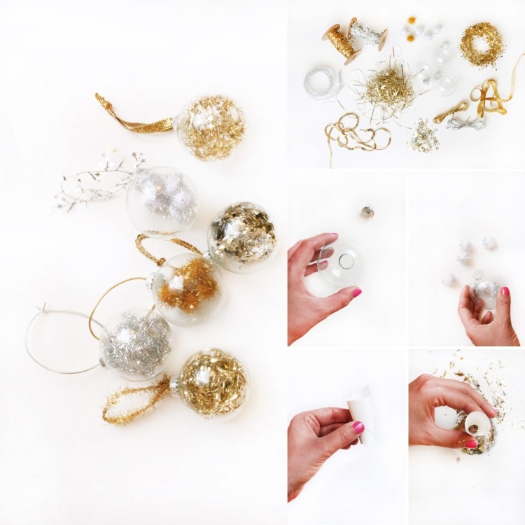 Weihnachtsdekoration Ideen -selbermachen-weihnachtsschmuck-weihnachtskugel-silber-gold-glas-fullen