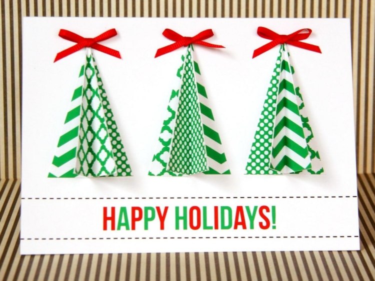 weihnachtskarten-selber-basteln-ideen-weihnachtsbaeume-dreieckig-gruen-dekopapier-falten