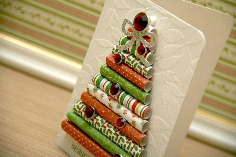 weihnachtskarten selber basteln papier rollen idee weihnachtsbaum bunt
