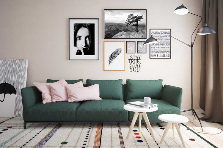 wohnzimmer creme braun grünes sofa moderne wandbilder