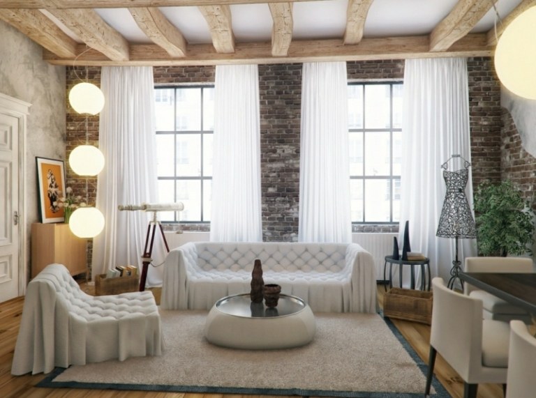 wohnzimmer dekorieren vorhaenge weiss teppich beige wandgestaltung backstein