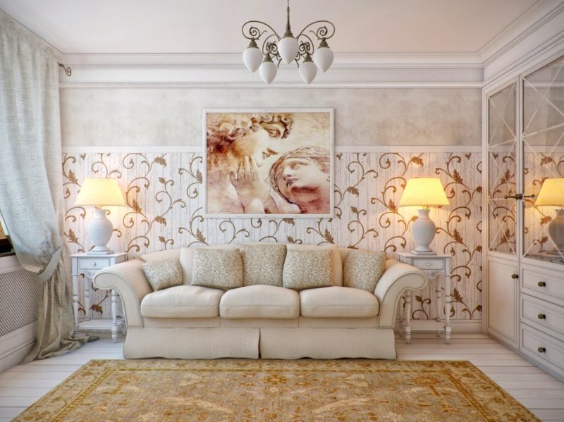 wohnzimmer dekorieren wandbild romantisch farben tapete teppich