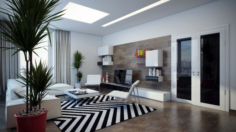 wohnzimmer teppiche zickzack design schwarz weiss wohnwand modern lowboard
