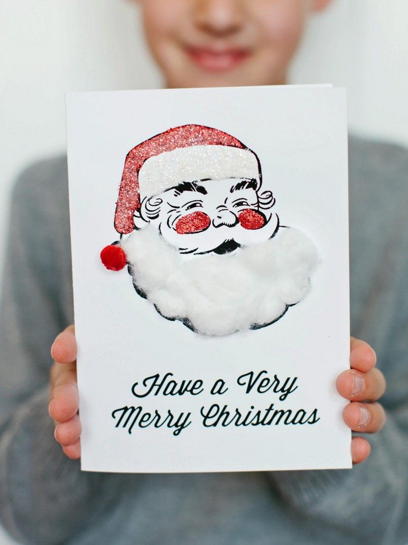 Weihnachtskarten-basteln-Santa-Klaus-Vorlage-Baumwolle-Bart-Glitzer-Hut