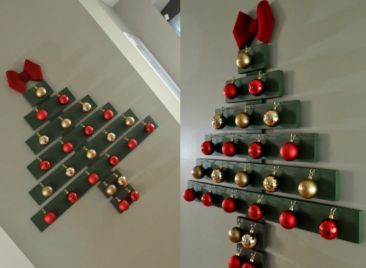 adventskalender-holz-gruen-lackierte-holzbretter-weihnachtskugeln-gold-rot-wand-montiert