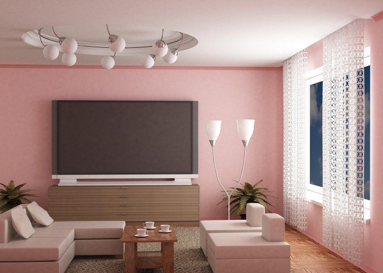 altrosa-wandfarbe-wohnzimmer-fernseher-leuchten-weiss-modern-eckcouch