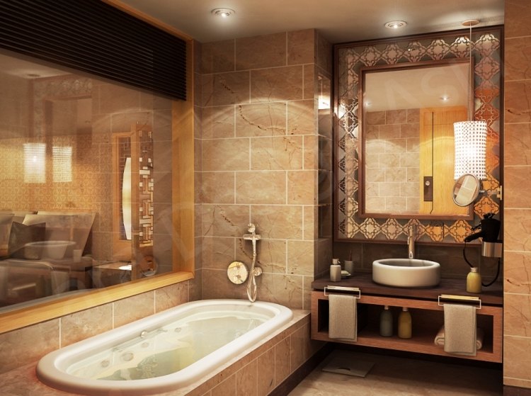badewanne-einmauern-ablage-luxus-braun-beige-deko-glaswand-spiegelrahmen