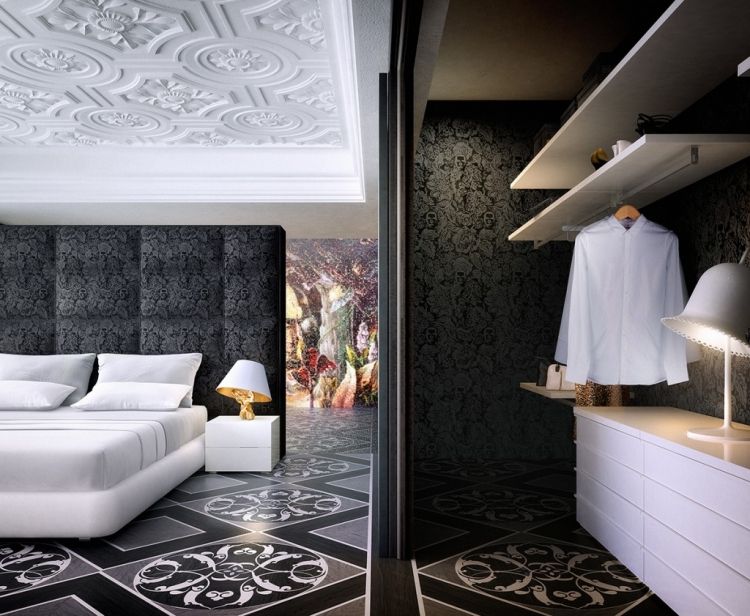 barock-design-marcel-wanders-schlafzimmer-schwarz-weiss-kopfteil-tapete-stuckdecke