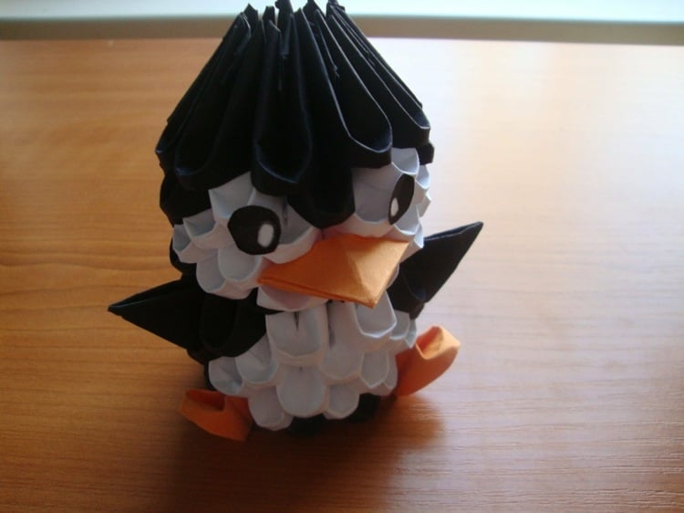 basteln origami tiere 3d pinguin originell schwarz weiss