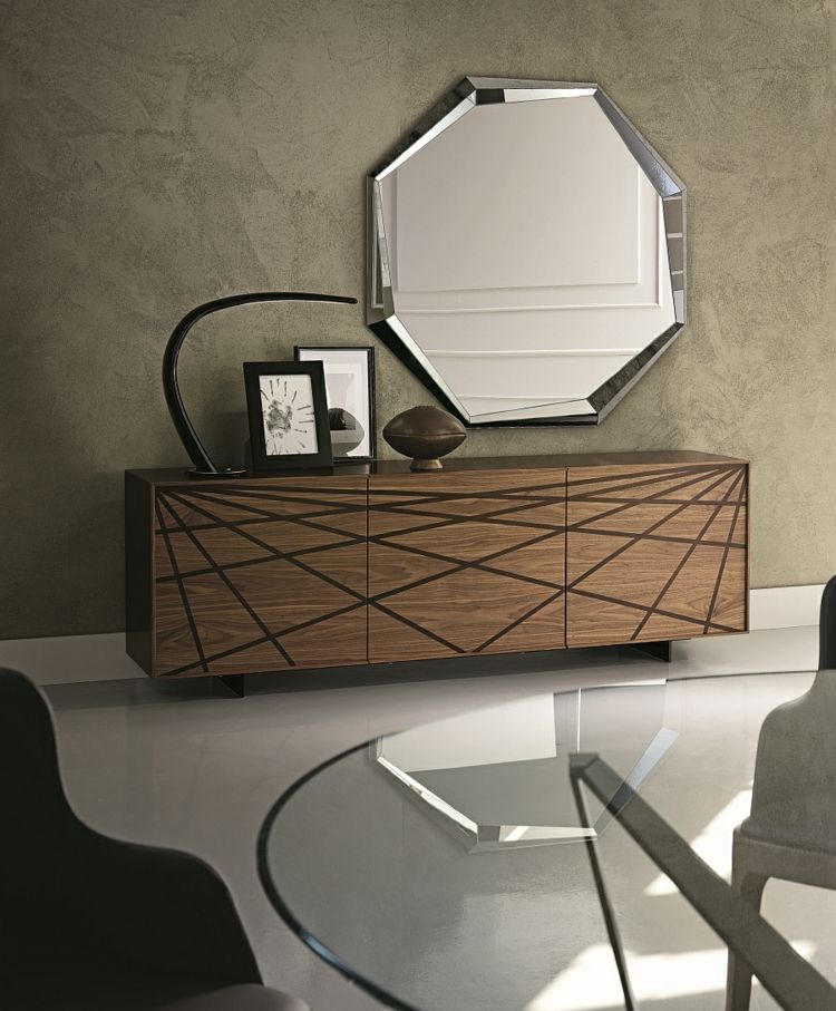 dekorieren sideboard modern idee minimalistisch bilder schlicht spiegel achteck